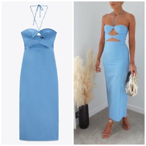 Zara Dresses & Skirts - NEW Zara Cut Out Halter Midi Bright Blue Dress 7385/212